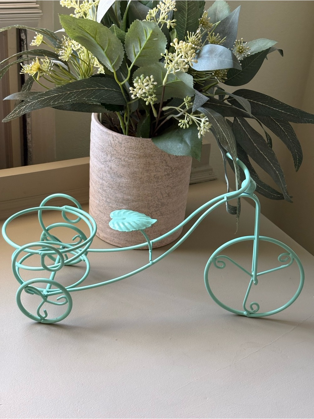 Mint Green Decorative Metal Tricycle Planter Holder